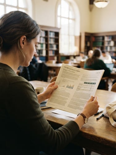 Over-the-shoulder perspective of an academic researcher reviewing a printed policy brief in a sunlit library, soft natural daylight, muted earthy tones.