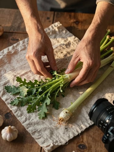 Close-up overhead of hands arranging seasonal vegetables on a linen cloth for a flat-lay shoot — warm golden-hour light from the side, a camera visible at the edge of the frame, rough wooden surface, muted earthy tones