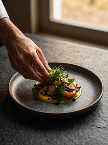Close overhead flat-lay of a plated seasonal dish on a dark slate surface under warm golden-hour window light, a chef's hand placing a garnish of fresh herbs, shallow depth of field, warm amber and deep green tones