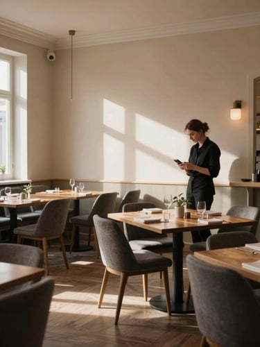 Environmental shot of a quiet Scandinavian-style restaurant dining room during morning prep — empty chairs, a long communal table, soft north-facing daylight, a team member reviewing a phone screen in the far background, warm beige walls