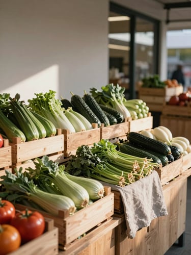 Wide editorial shot of a modern food market stall at mid-morning, wooden crates of seasonal produce arranged with care, soft north-facing daylight illuminating textures of vegetables and cloth, no people, calm and composed atmosphere