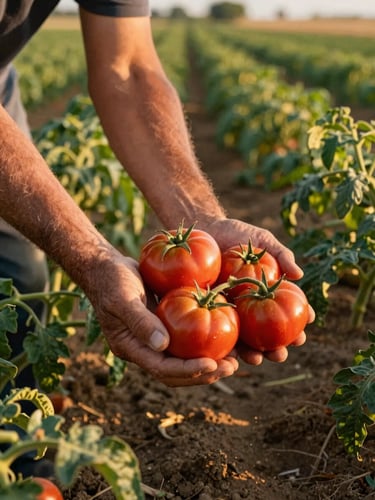 Environmental shot of a farmer's hands cradling freshly harvested tomatoes at golden hour in a Mediterranean field, warm side light casting long shadows across rows of crops, soil visible and unhurried, natural and unposed