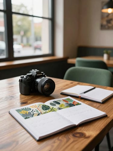 Wide editorial shot of a content planning session in a quiet restaurant interior at prep time — a wooden table with a seasonal calendar spread open, a camera and notebook beside it, warm north-facing daylight from a tall window, no people visible, matte forest-green chair in background