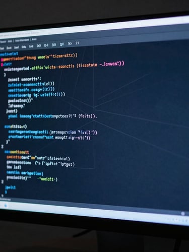 Macro shot of clean code displayed on a high-resolution monitor in a dark room, sharp focus on syntax highlighting, cool blue tones, architectural lines of the screen.
