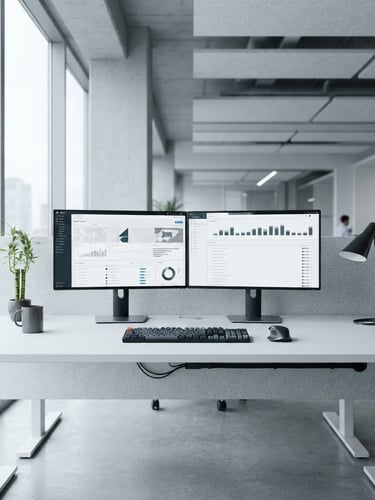 Crisp architectural photography of a minimalist workspace, cool daylight, clean desk with high-resolution screens displaying organized support queues, sharp focus, 35mm lens