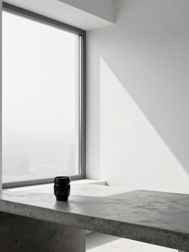 Crisp architectural photography of a clean minimalist workspace with high-contrast sharp angles, cool daylight streaming through a large window onto a concrete desk, 35mm lens