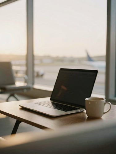 A minimalist remote workspace in a sunlit airport lounge, a laptop open next to a warm ceramic mug, soft golden-hour window light, muted earthy tones, 35mm film aesthetic.