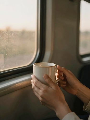 Minimalist aesthetic photo of hands holding a warm ceramic mug near a train window, soft golden hour daylight, warm editorial tones, 35mm film aesthetic