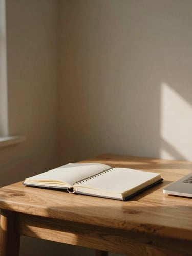 A quiet, warm editorial shot of a wooden desk with a notebook and a laptop, soft window light, shadow of leaves on the wall, minimalist composition
