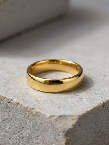Close three-quarter view of a single gold ring resting on pale stone surface, studio strobe light revealing the polished surface finish and precise edge geometry, deep shadow behind, minimal negative space at left frame edge