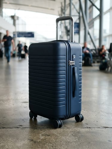 Crisp editorial travel photography, bright natural daylight, close-up of a sleek navy hardshell carry-on suitcase resting on a concrete airport floor, clean lines, 35mm lens