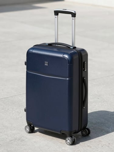 Crisp editorial travel photography of a premium sleek dark navy carry-on suitcase standing on a clean concrete platform, bright natural daylight, sharp shadows.