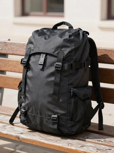 Bright natural daylight photo of a charcoal travel backpack resting on a wooden bench, crisp shadows, clean architectural background, 35mm lens