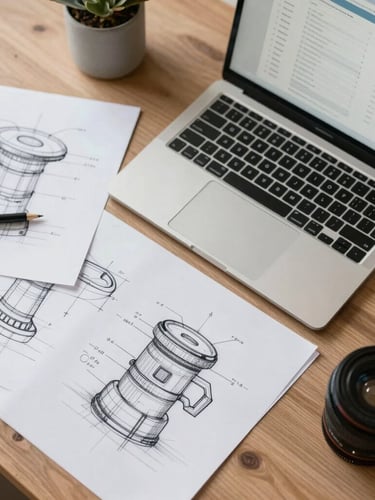 Overhead desk layout of physical wireframe sketches next to a laptop displaying clean conversion rate optimization data, neutral daylight, sharp focus.