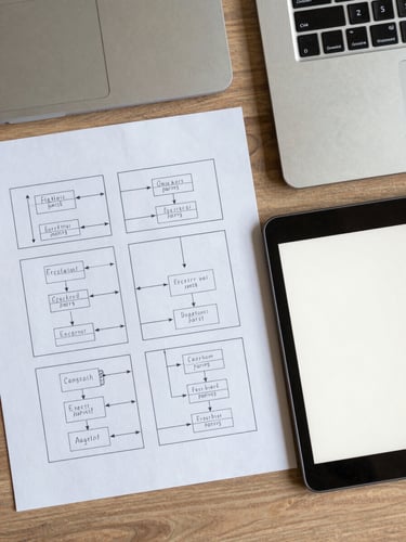 Overhead desk layout showing structured strategic frameworks printed on paper next to a clean wireframe draft on a tablet, neutral crisp office daylight.