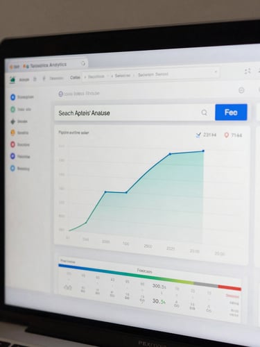 Macro shot of a real-time analytics dashboard displaying search intent mapping and pipeline attribution metrics, neutral crisp daylight, high contrast, clean data interface.