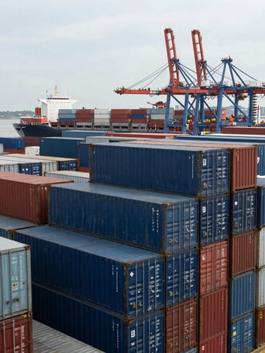 Wide panoramic view of a busy container port, stacked shipping containers in navy and steel blue filling the right two-thirds, a cargo vessel at dock in the far background, flat natural daylight, no people posing
