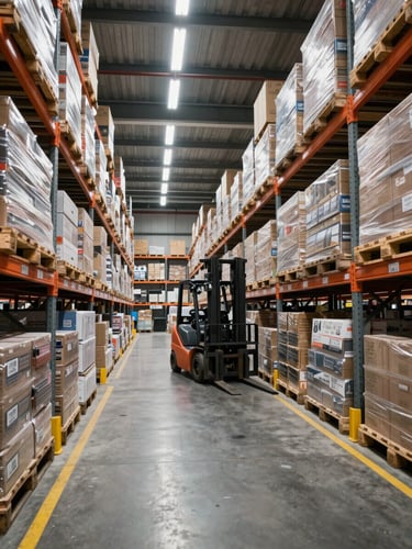 Wide-angle interior of a large organized warehouse, pallets of boxed cargo stacked on industrial racking under bright overhead fluorescent lighting, forklift in mid-aisle, concrete floor with yellow lane markings, no people posing