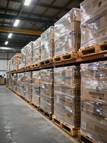 Environmental shot inside an organised warehouse storage bay, stacked pallets of goods in neat rows extending deep into the frame, overhead industrial lighting casting even light, audited facility appearance, no people posing