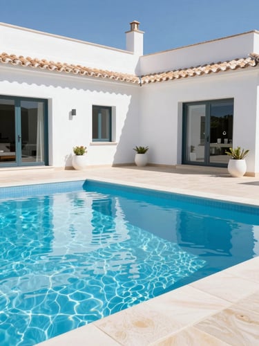 Bright editorial photography of a pristine white Marbella villa terrace with a sparkling blue pool, sharp focus, sun-drenched Mediterranean daylight