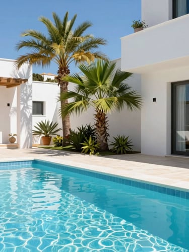 Bright editorial photography of a modern Marbella villa terrace with a sparkling swimming pool, vibrant green palms, sharp focus, sun-drenched Mediterranean daylight