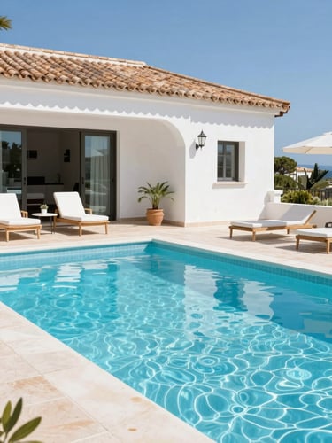 Bright editorial photography of a sun-drenched Marbella villa terrace with a clean swimming pool, sharp focus, morning light, 35mm.