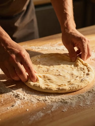 Mid-shot of hands expertly stretching Neapolitan pizza dough on a floured surface, warm golden hour light, dramatic shadows.