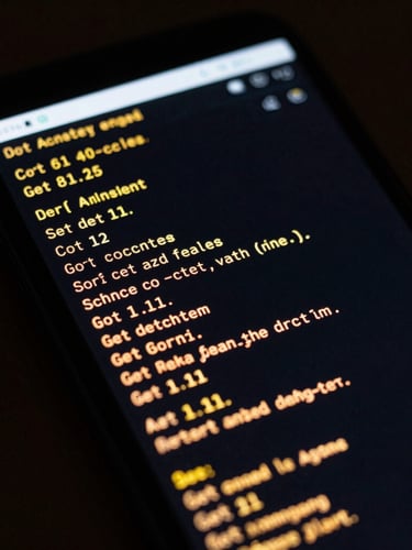 Macro photography of a physical Android device screen displaying a high-contrast terminal diagnostic interface with amber text, low-key dark studio lighting, 21:9 cinematic crop