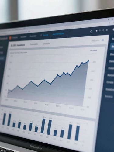 Macro shot of a clean, dark-themed corporate treasury dashboard on a high-resolution display, showing precise line charts of liquidity growth, slate gray and deep navy interface, soft natural daylight reflecting on the screen