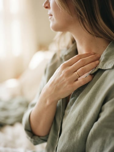 Close-up of a person's hand resting gently on their chest, soft morning window light filtering through, warm cream and muted sage tones, shallow depth of field, 35mm