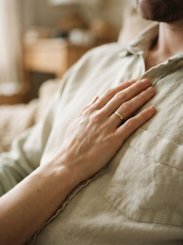 Close-up of a hand resting gently on a linen shirt over a chest, soft morning window light, warm cream tones, shallow depth of field, 35mm photography