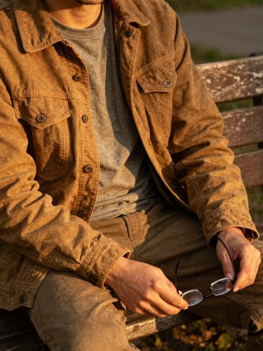 A relaxed environmental portrait of a man sitting on a wooden bench in warm golden-hour sunlight, wearing durable double-stitched clothing and holding a pair of glasses, soft natural shadows, warm editorial style.
