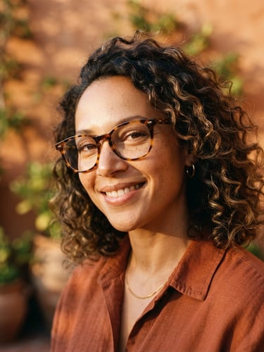 A close-up portrait of a creative woman in golden-hour sunlight wearing hand-polished acetate glasses, soft natural shadows, warm terracotta background, 35mm film style.