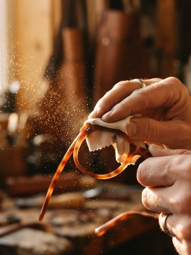 Close-up of hand-polishing warm terracotta acetate eyewear frames under soft golden-hour sunlight, dust particles illuminated, macro shot, warm editorial photography, 35mm film.