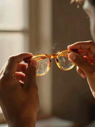A close-up portrait of a craftsperson hand-polishing a warm amber acetate eyewear frame, dust catching rays of golden natural light from a side window.