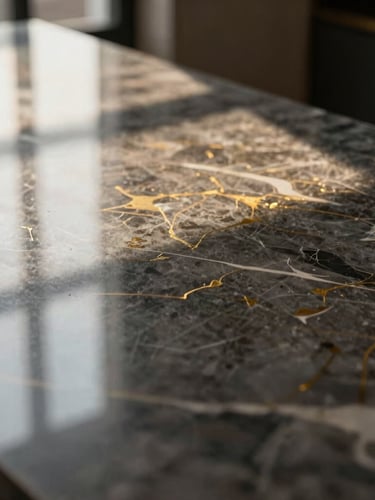 Close-up of a pristine marble surface reflecting soft directional window light, luxury architectural photography, sharp focus, 35mm