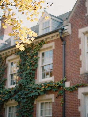Close-up of historic brick university architecture, ivy climbing the walls, soft warm sunlight filtering through autumn leaves, shallow depth of field, 35mm
