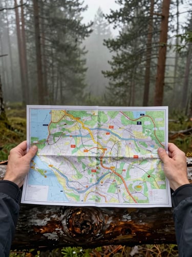 A top-down shot of hands holding a topographic map over a weathered wooden log in a misty pine forest, high-contrast overcast daylight.