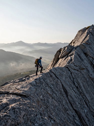 Extreme wide shot of a lone climber traversing a rugged granite ridge at dawn, misty valleys below, high contrast overcast daylight