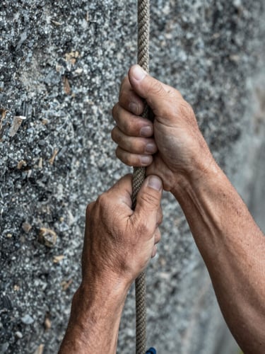 Close-up of weathered hands firmly gripping a thick climbing rope against a background of raw grey granite