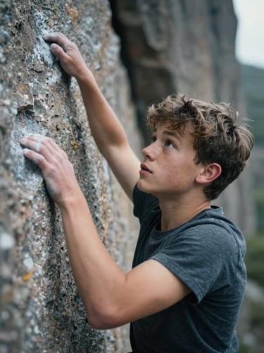 A close-up portrait of a teenager scaling a granite rock face, looking upward with intense focus, cold overcast light, raw textures.