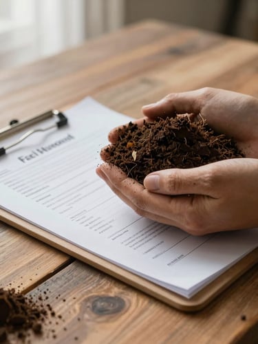 Close-up of hands holding rich soil with a physical technical document clip-board resting on a rustic wooden table, soft overcast morning light.