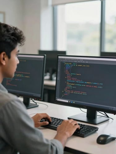 Over-the-shoulder shot of an Indian student practicing coding on a computer in a bright, modern classroom, natural window light, professional educational setting.