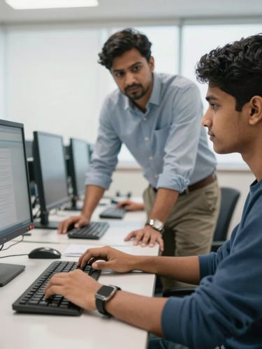 An over-the-shoulder shot of an Indian student learning computer skills in a bright, modern classroom under the guidance of an instructor.