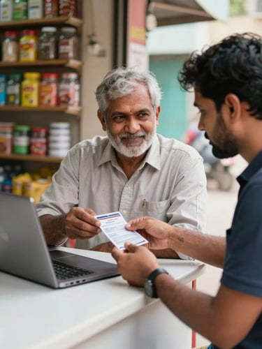 Bright natural daylight shot of a local Indian shop owner helping a customer with an Aadhaar card transaction on a laptop in a clean, organized village kiosk.