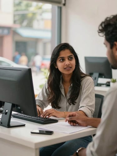 A bright, natural daylight shot of a young Indian micro-entrepreneur sitting in his clean digital services shop in a semi-urban town, interacting with a customer.
