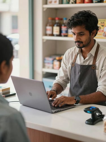 Over-the-shoulder shot of a young Indian shopkeeper in a bright local kiosk, helping a customer with a digital transaction on a laptop, biometric scanner on the clean counter, natural daylight.