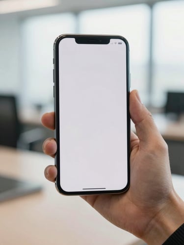 A close-up shot of hands holding a generic, unbranded modern smartphone with a clean neutral screen, bright natural indoor lighting, professional office background.