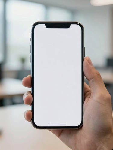 Close-up of a person holding a generic unbranded modern smartphone with a neutral blank screen, bright natural lighting, professional UK office setting in the soft-focus background.