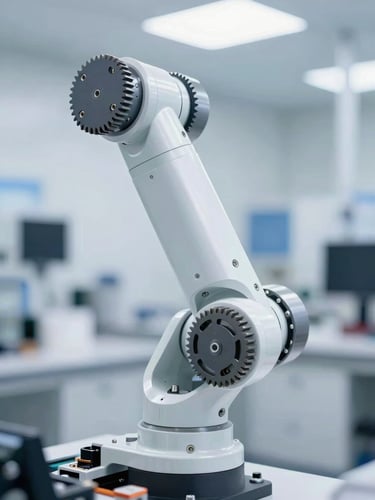 Macro close-up of a high-precision robotic joint, clean laboratory lighting, sharp focus on mechanical gears, bright daylight accents